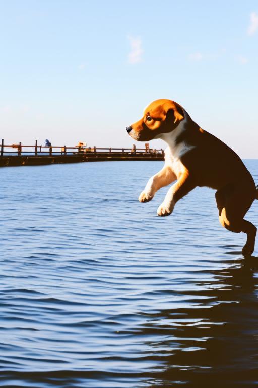 puppy jumping off a pier into water